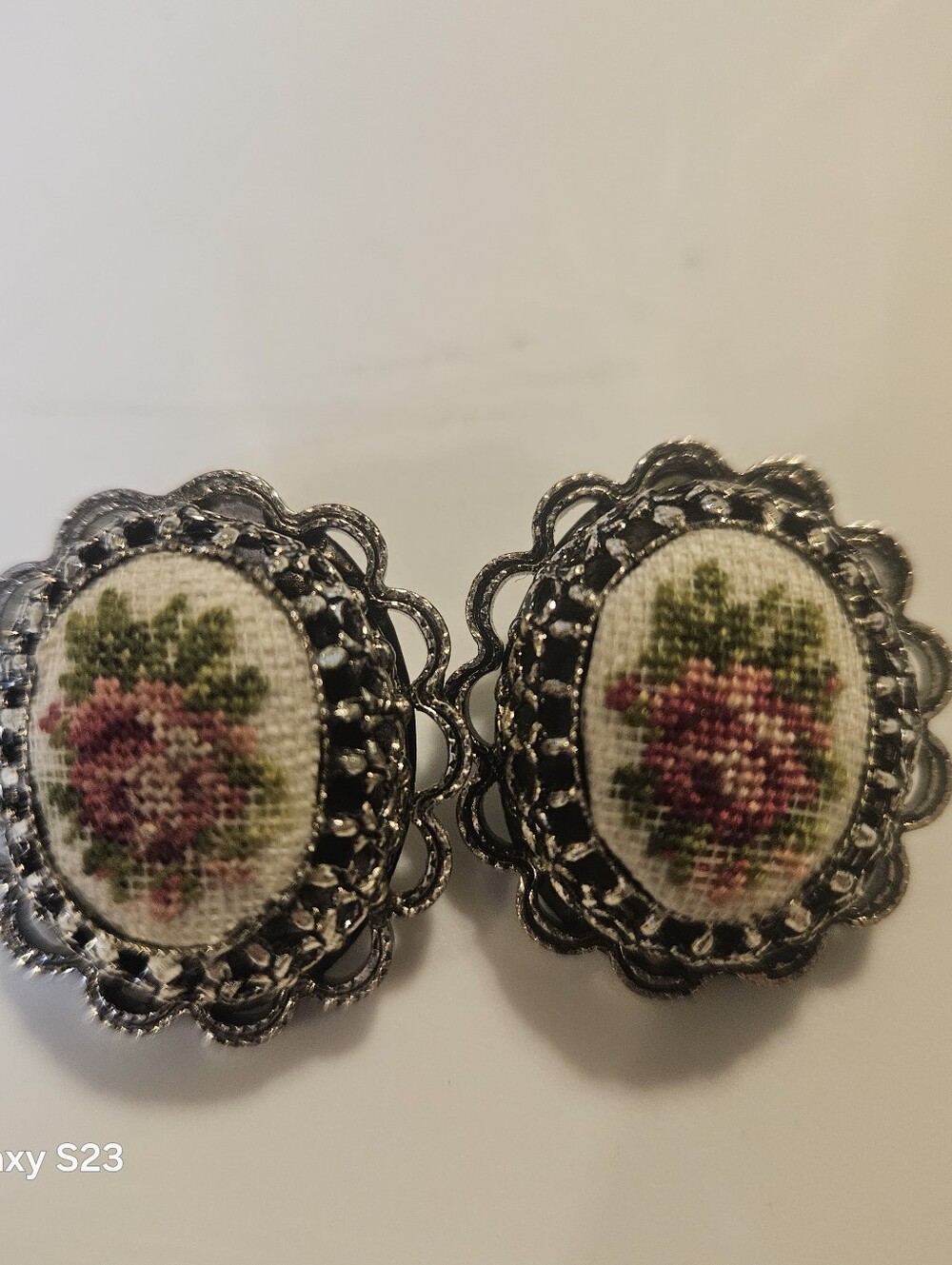 Vintage Floral Needlepoint Oval Silver-Tone Clip Earrings - Pink and Green